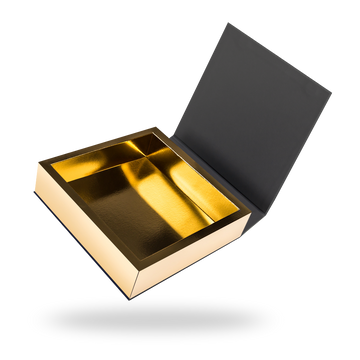 Black outside, Gold inside Square Magnetic box - open