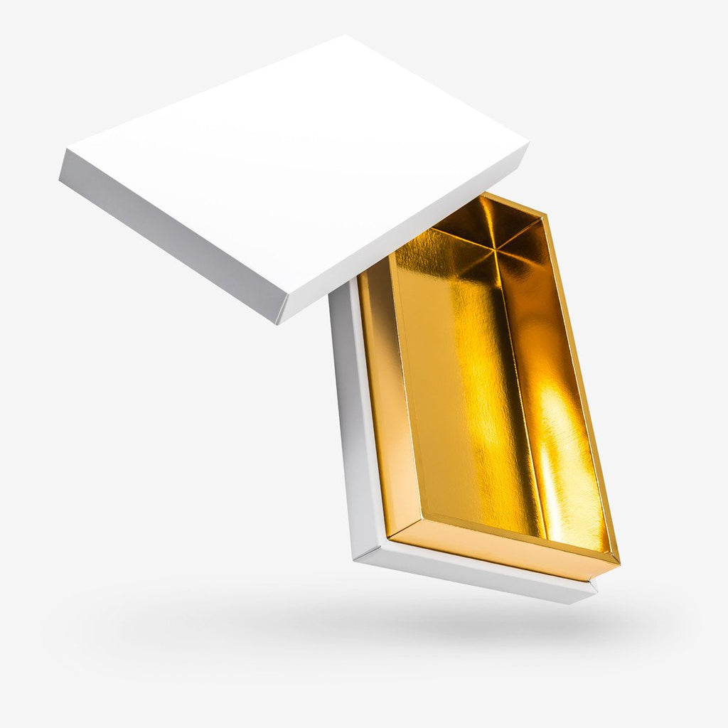 White outside, Gold inside Rectangular Box with Lid - open