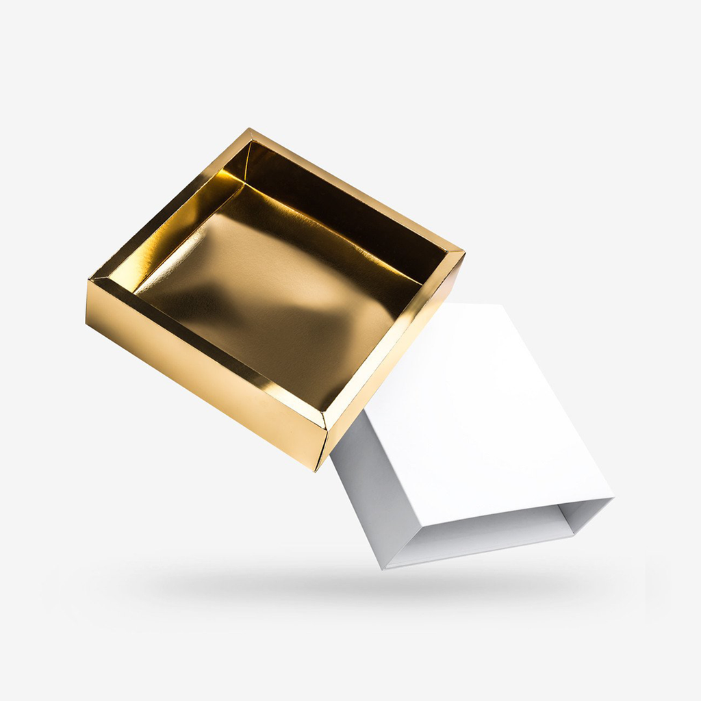 White outside, Gold inside Square Rigid Sleeve Box - open