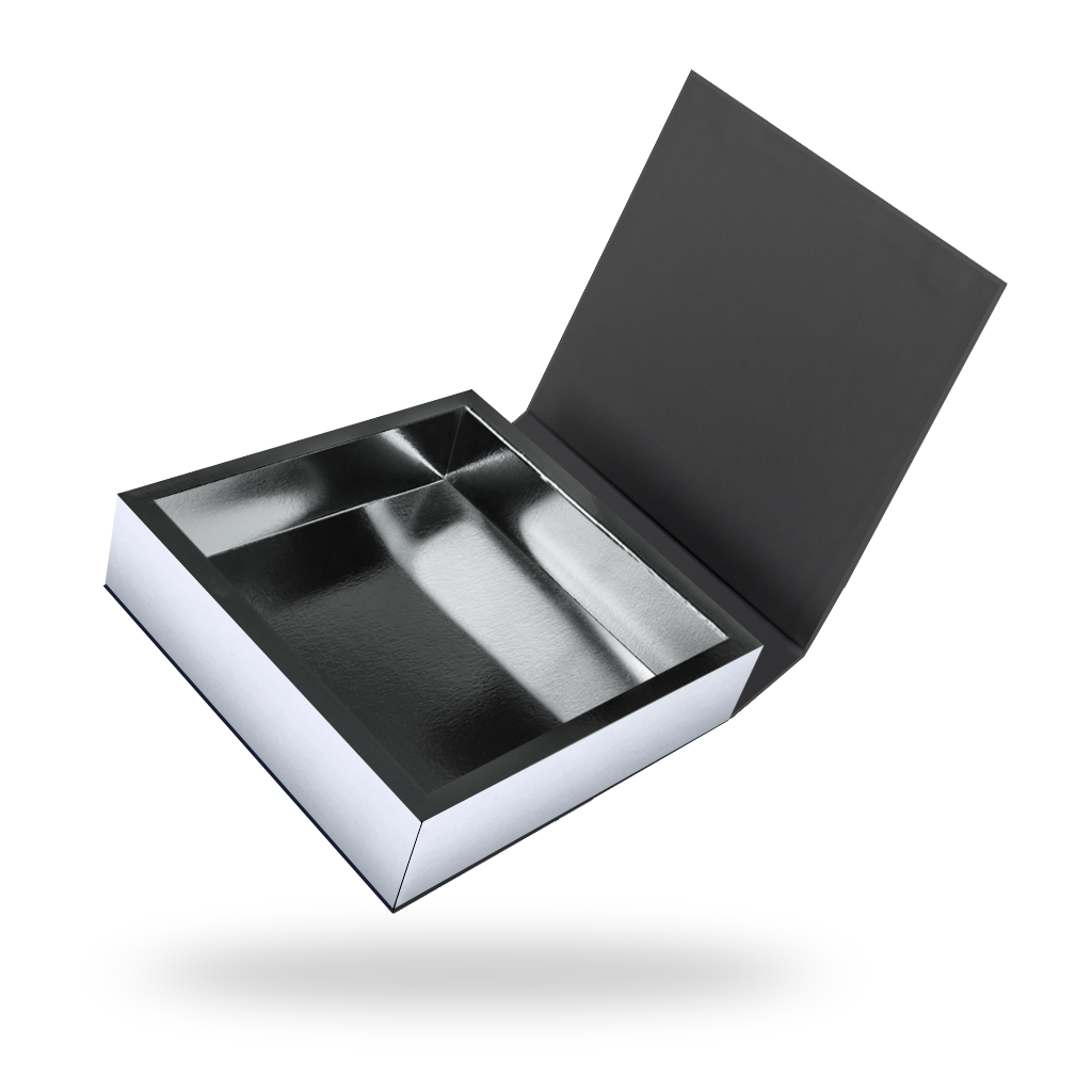 Black outside, Silver inside Square Magnetic Box - open