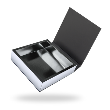 Black outside, Silver inside Square Magnetic Box - open