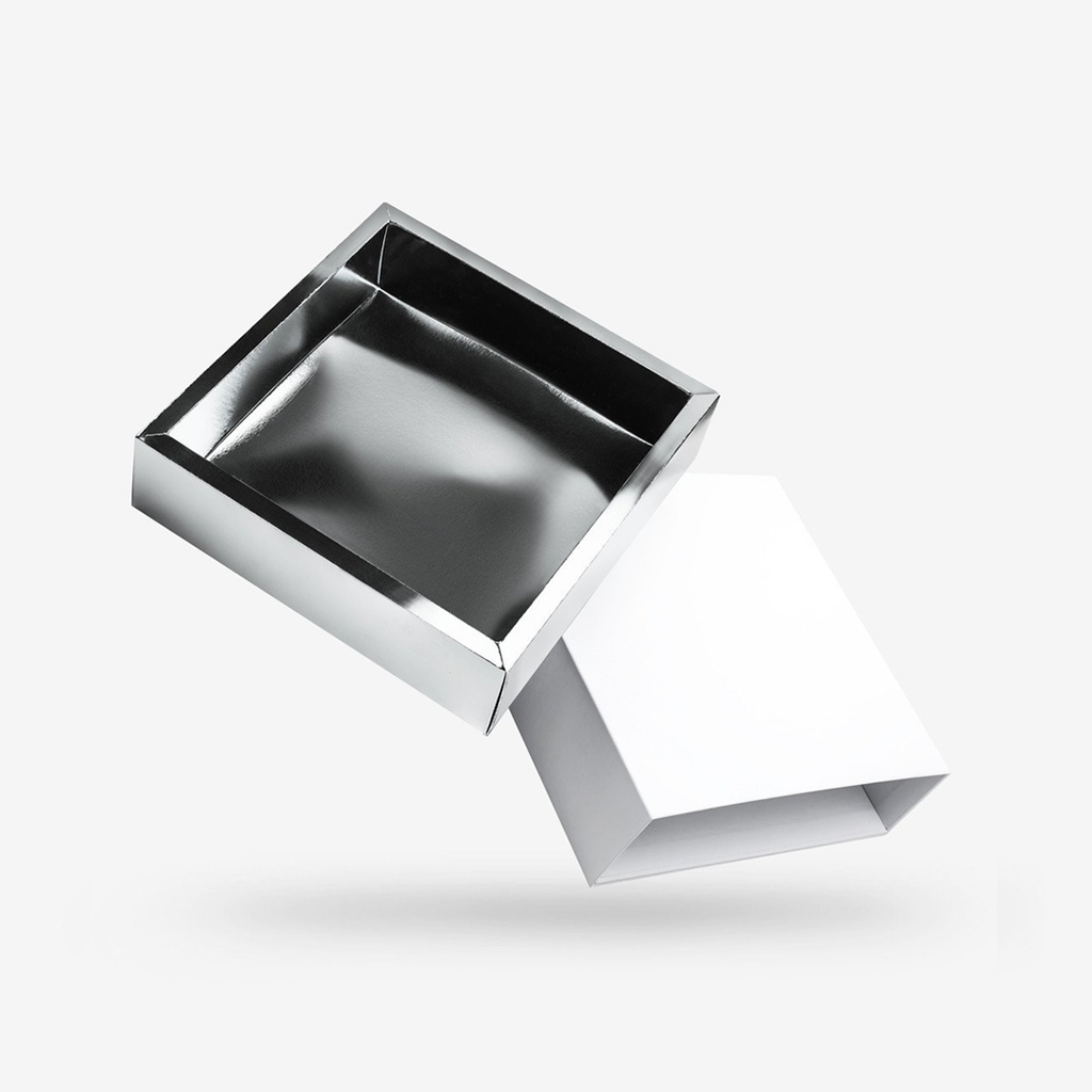 White outside, Silver inside Square Rigid Sleeve Box - open