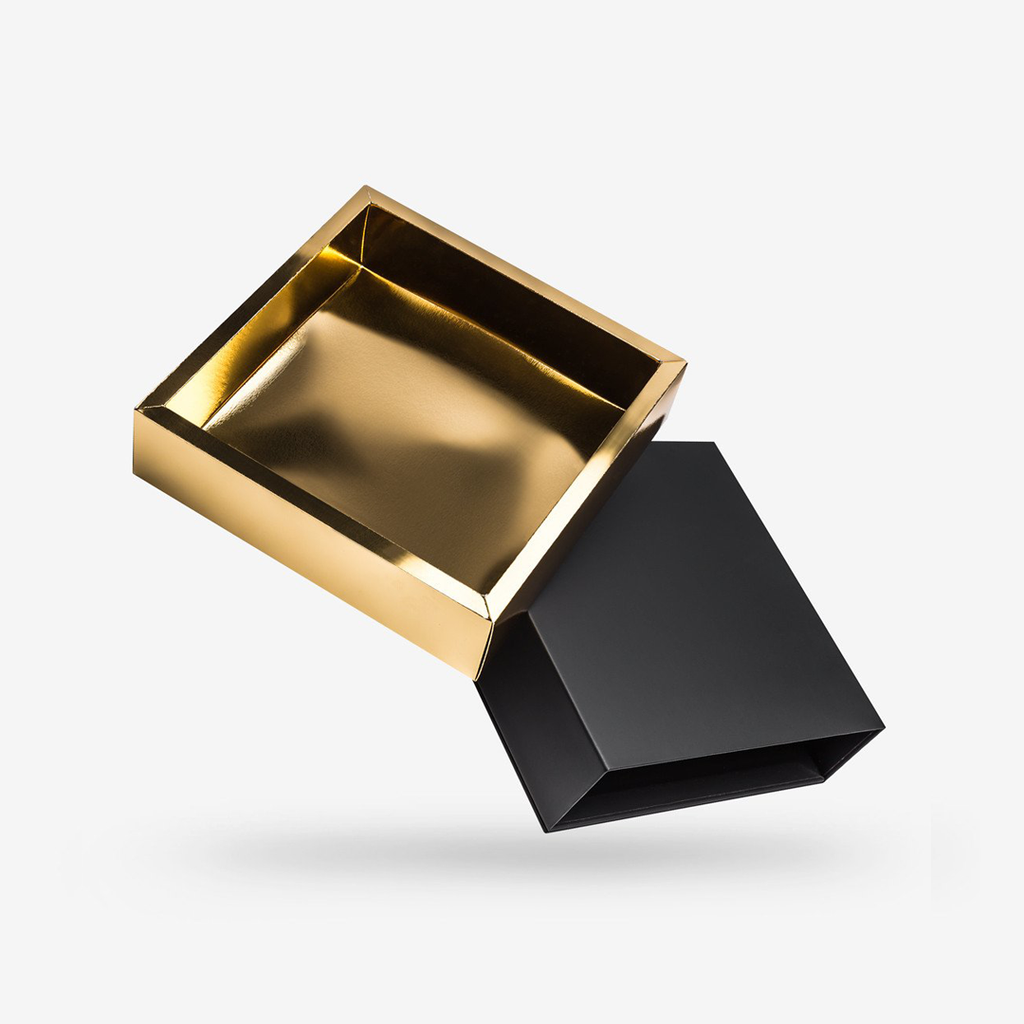Black outside, Gold inside Square Rigid Sleeve Box - open