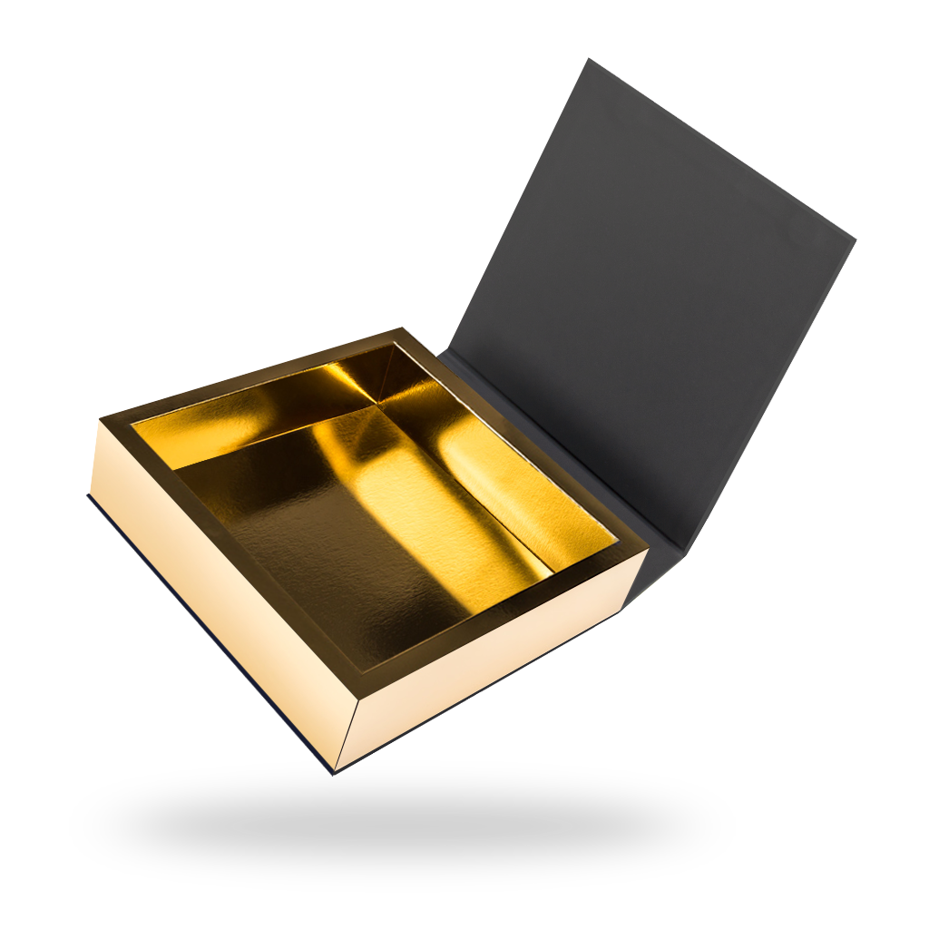 Black outside, Gold inside Square Magnetic box - open