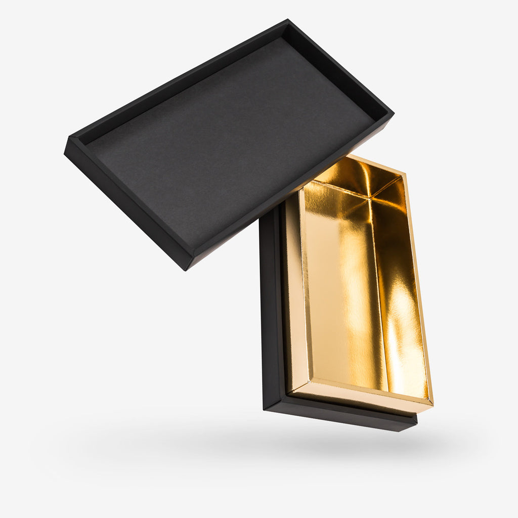 Black outside, Gold inside Rectangular Box with Lid - open