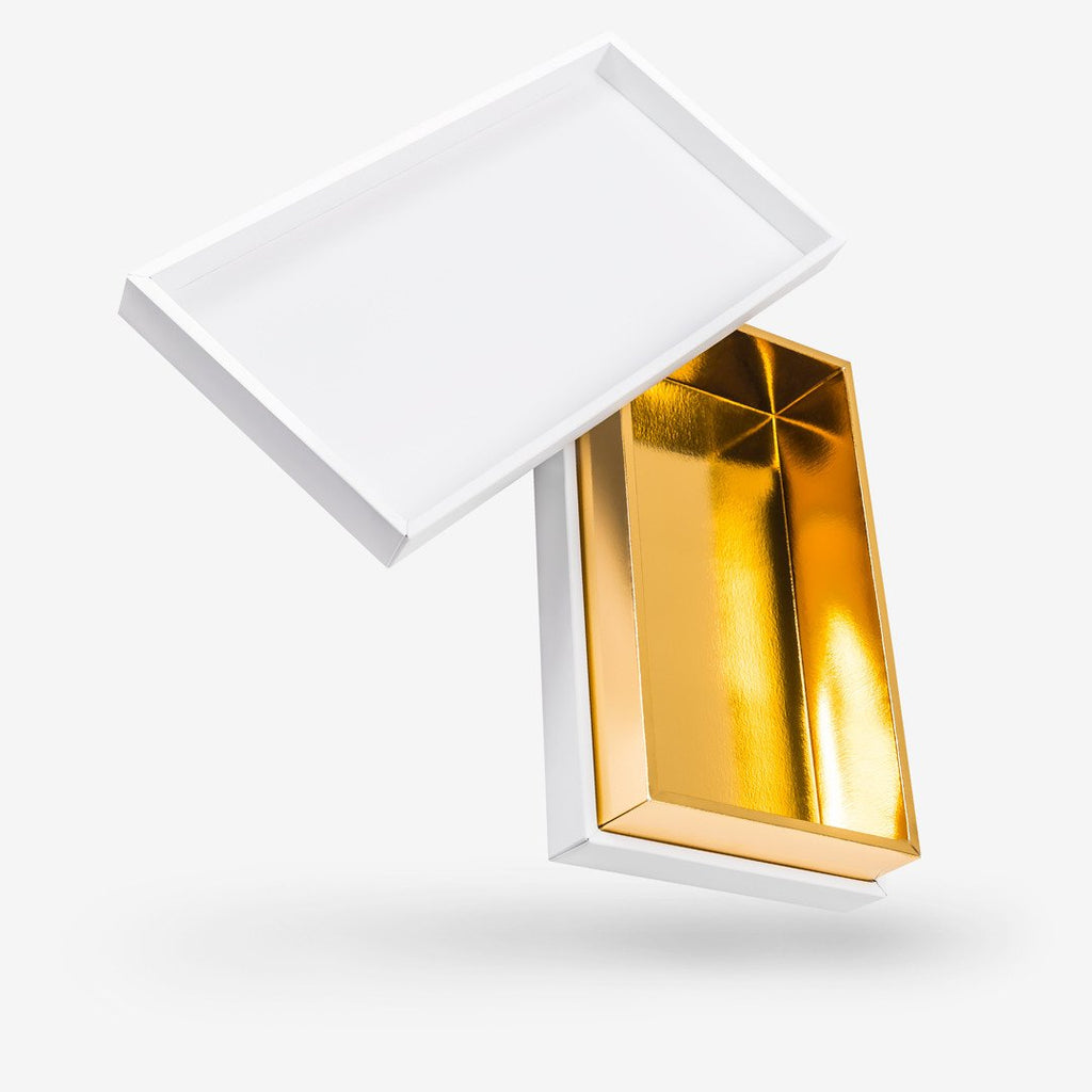 White outside, Gold inside Rectangular Box with Lid - open