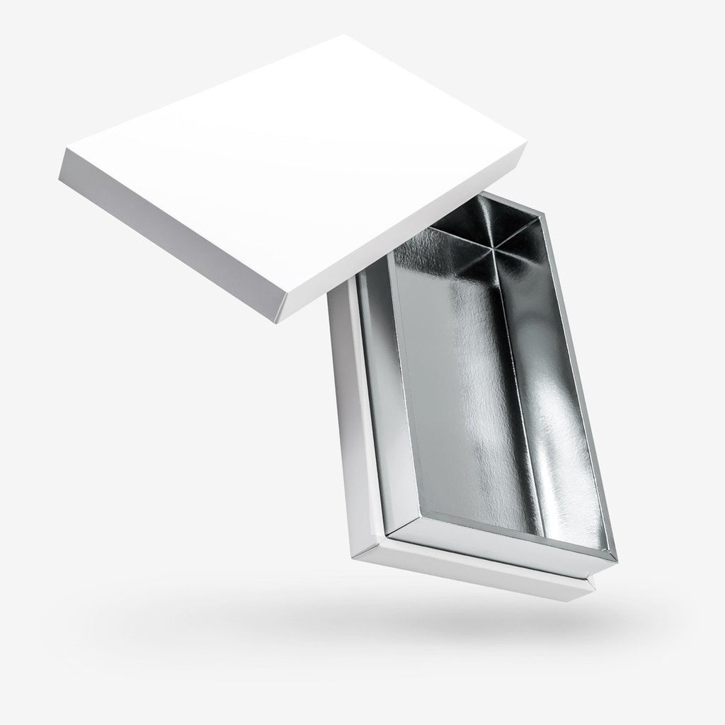 White outside, Silver inside Rectangular Box with Lid - open
