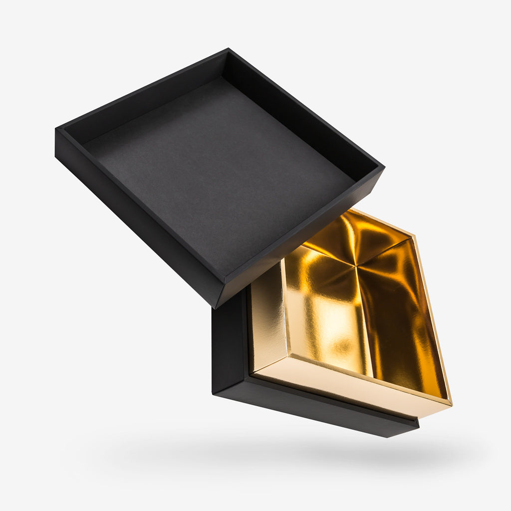 Black outside, Gold inside Square Box with Lid - open