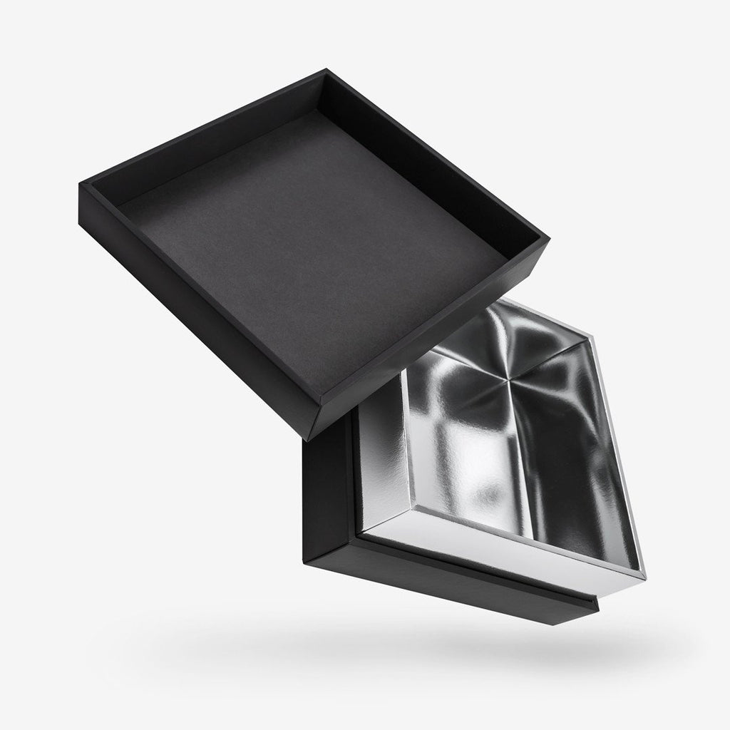 Black outside, Silver inside Square Box with Lid - open