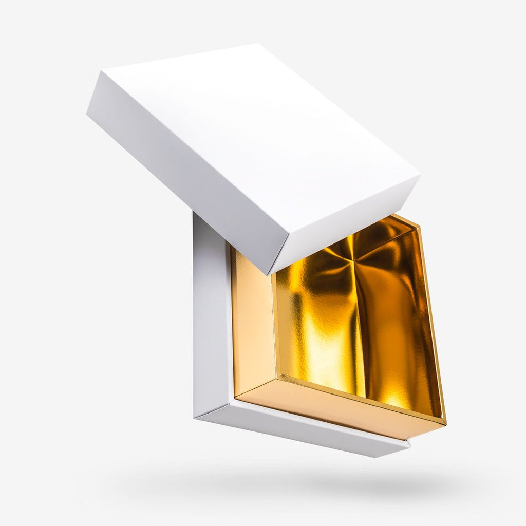 White outside, Gold inside Square Box with Lid - open
