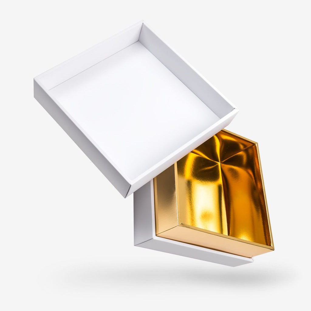 White outside, Gold inside Square Box with Lid - open