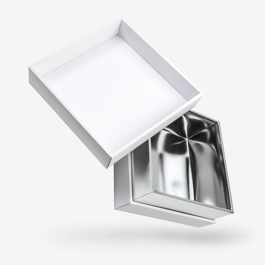 White outside, Silver inside Square Box with Lid - open