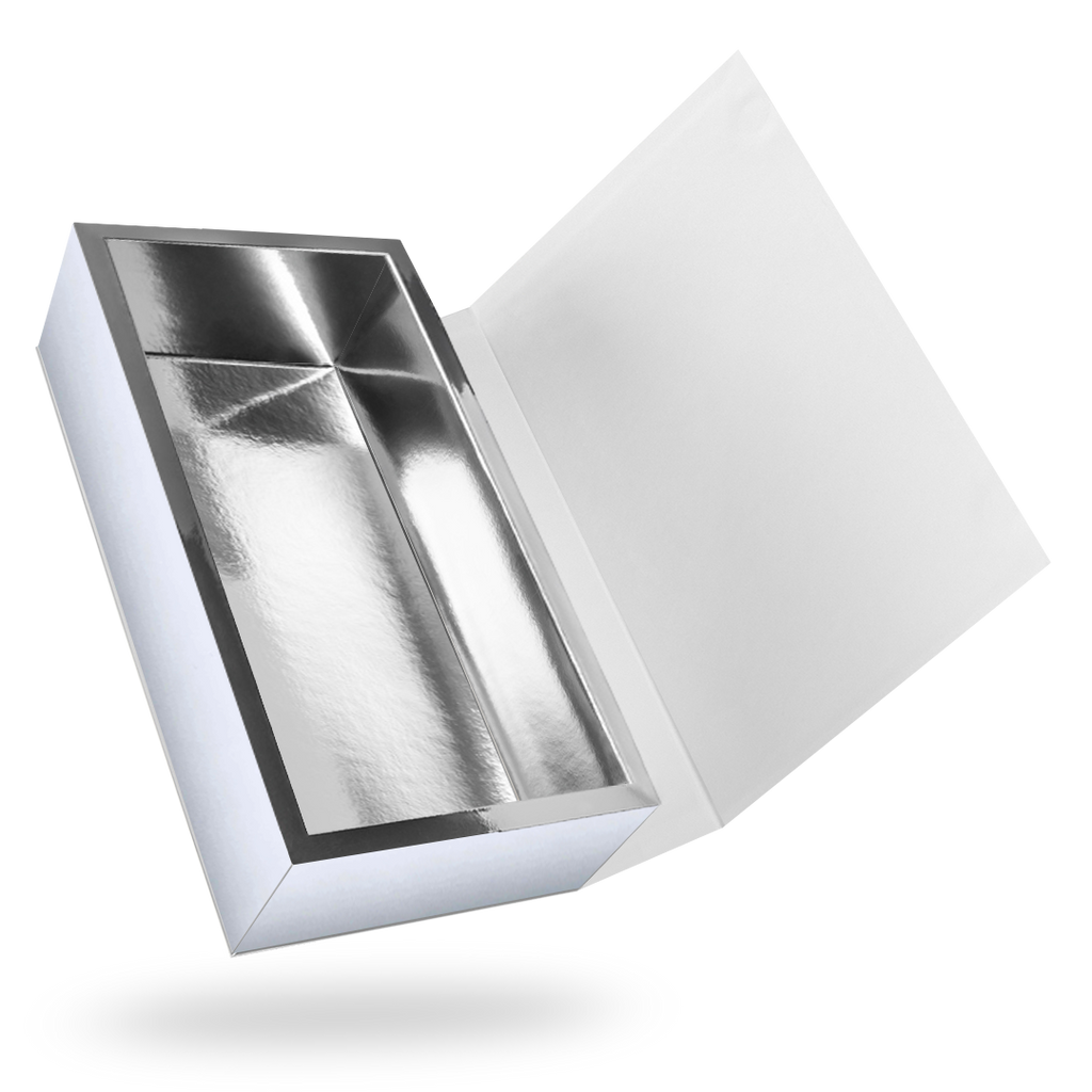 White outside, Silver inside Rectangular Magnetic Box - open